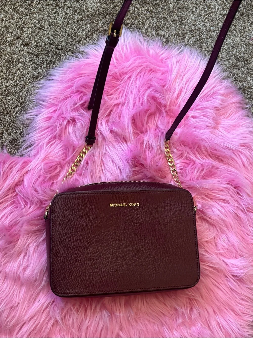 Michael Kors Jet Set Large Burgundy Saffiano Leather Crossbody Bag Gold Chain